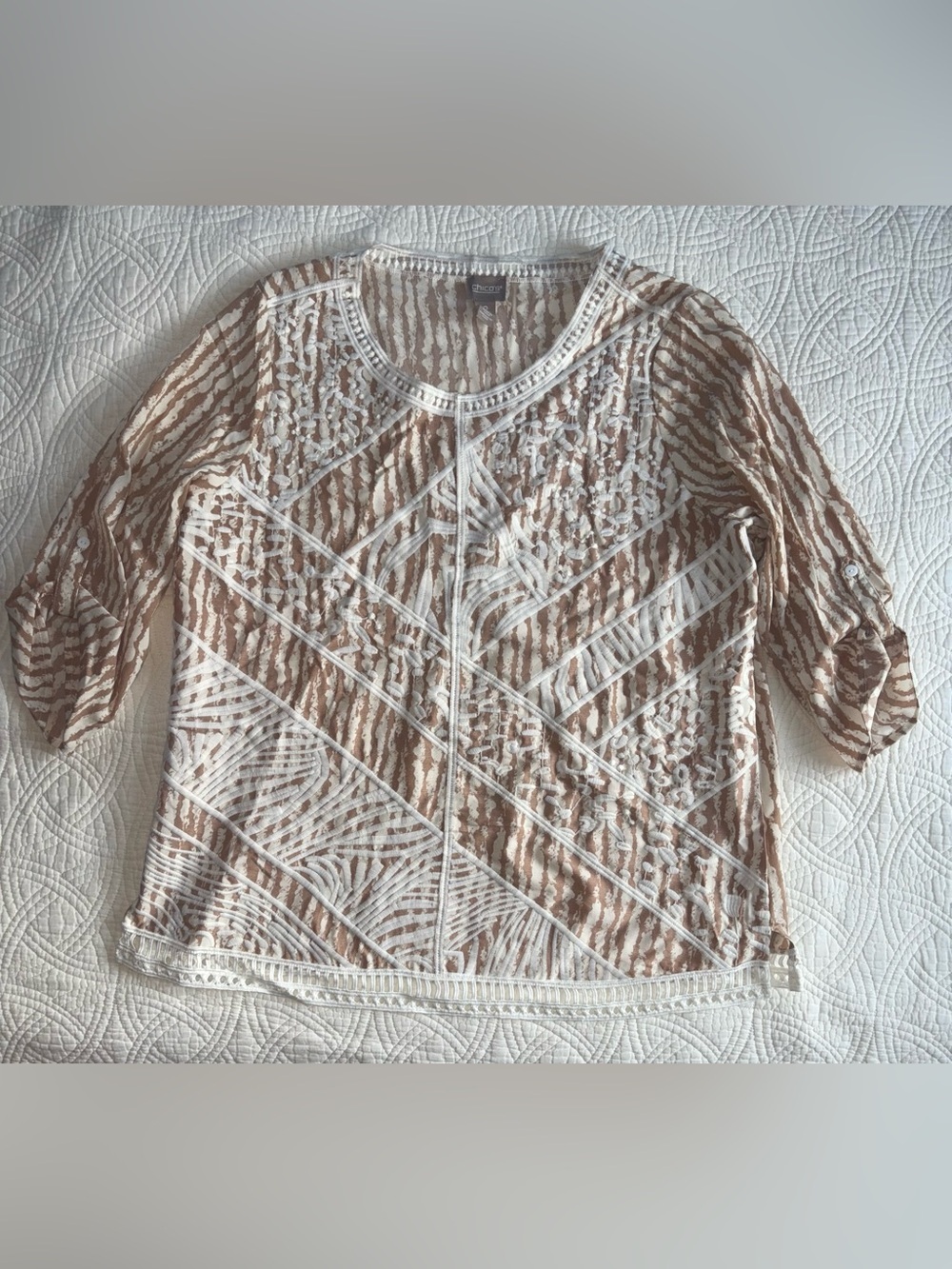 Chico's Cream and Beige Patterned Blouse Large Chicos Size 2 - Picture 3 of 9